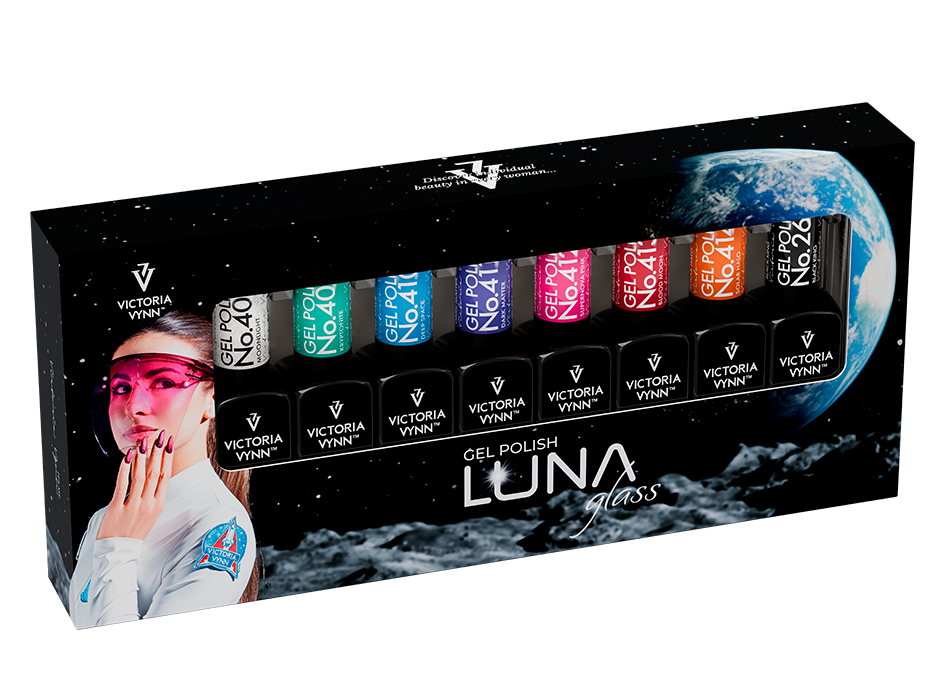 8 PACK LUNA GLASS Gel Polish 408–414+Gel Polish 262 Black King