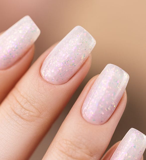 Cool, milky hybrid base for nails with shiny accent