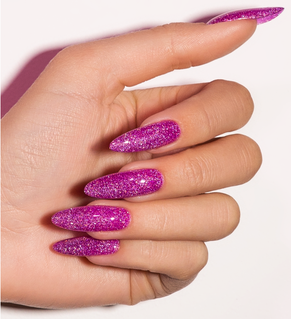 Intense pink nails manicure with silver reflections